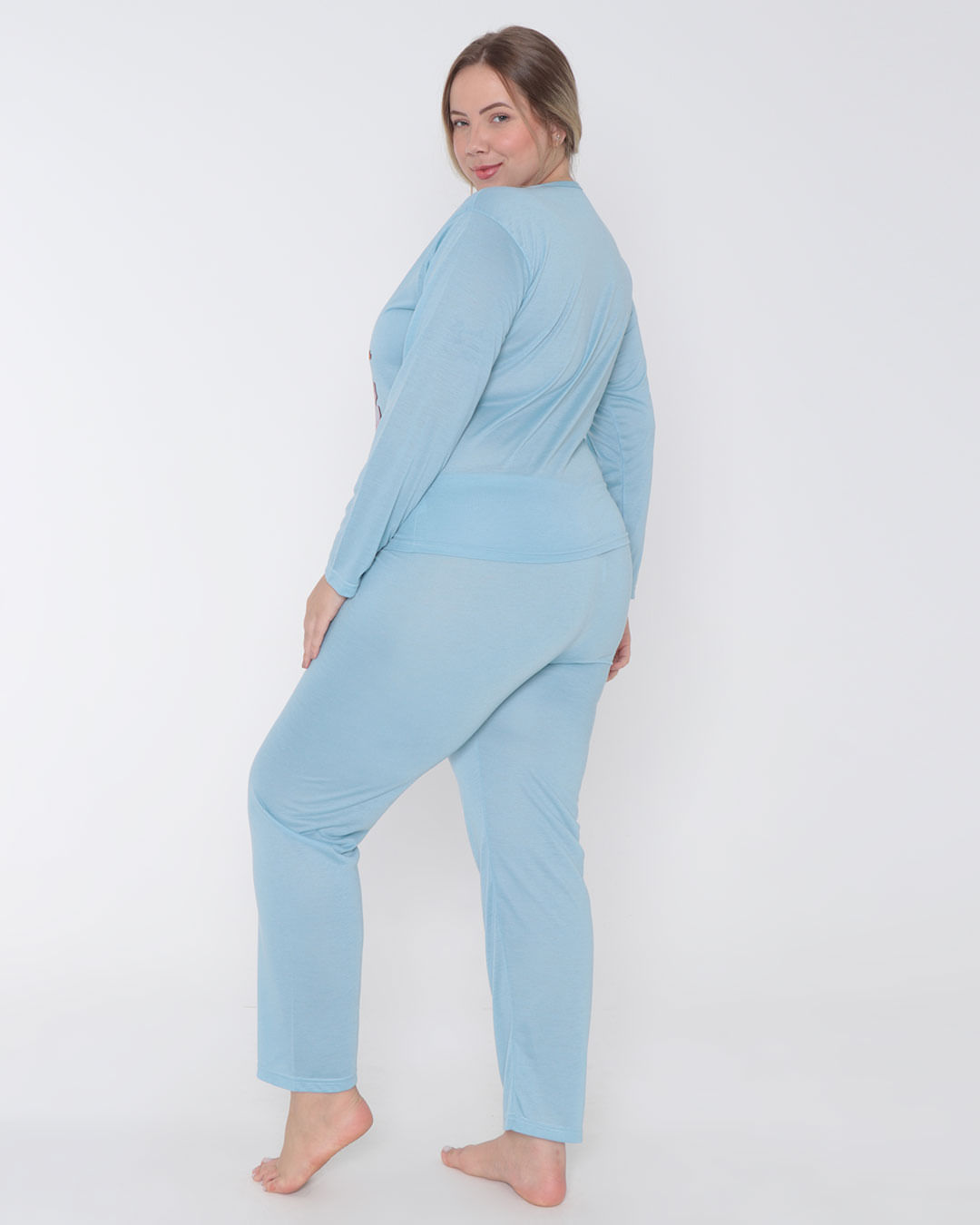 Pijama-Feminino-Plus-Size-Longo-Decote-V-Floral--Azul-Claro