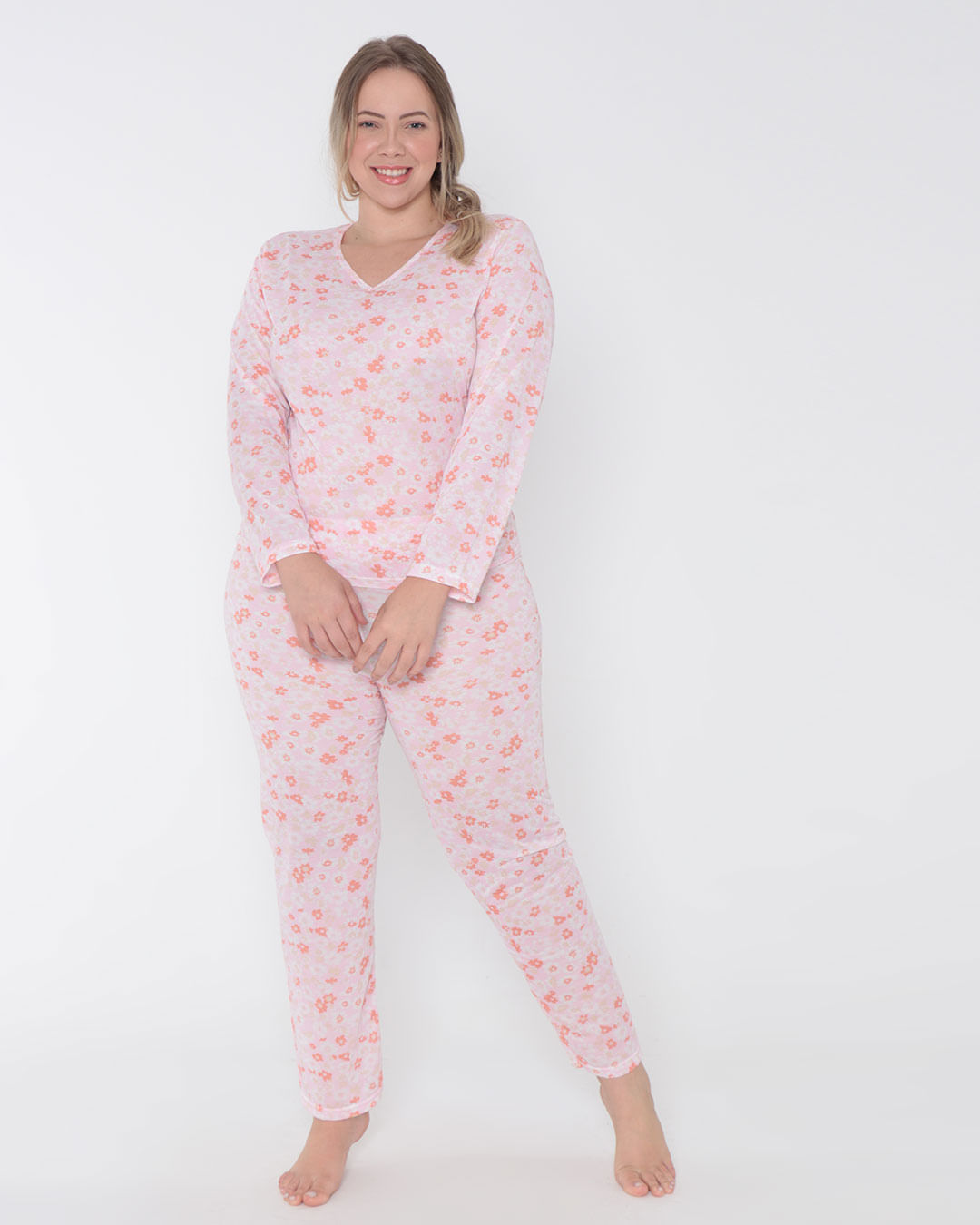 Pijama-Feminino-Plus-Size-Longo-Estampa-Floral-Rosa