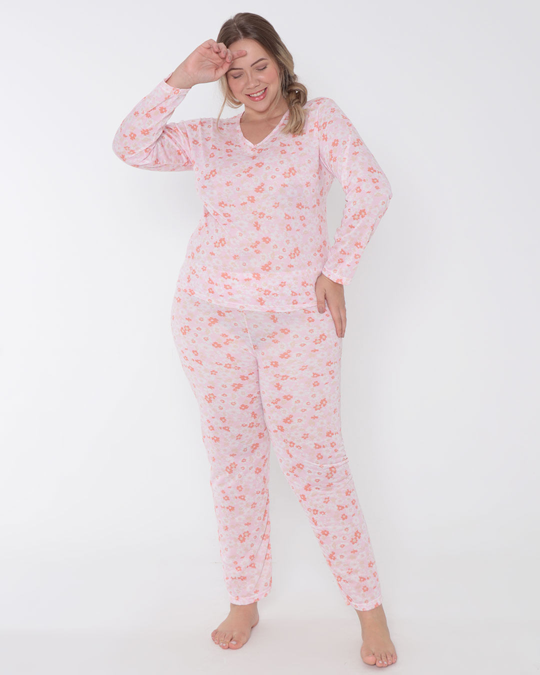 Pijama-Feminino-Plus-Size-Longo-Estampa-Floral-Rosa