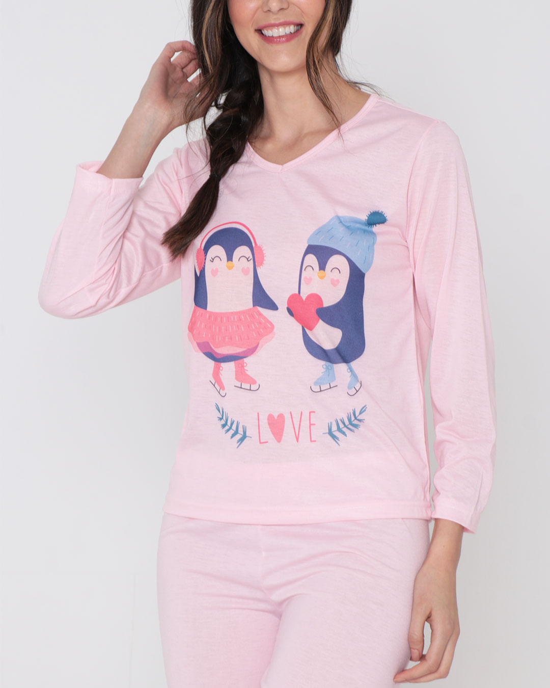 Pijama-Feminino-Longo-Estampa-Pinguins-Rosa-Claro