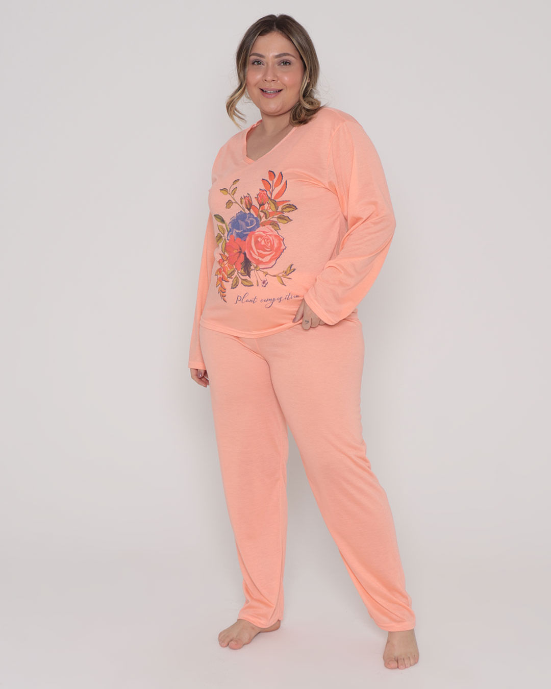 Pijama-Plus-Size-Feminino-Longo-Estampa-Floral-Laranja