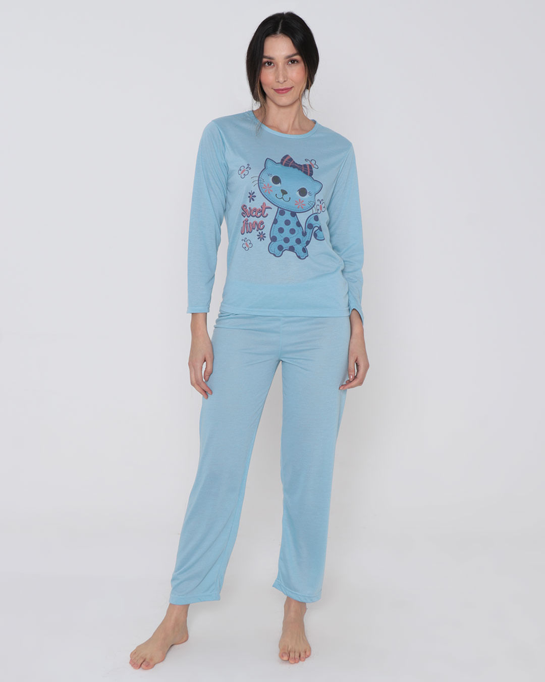 Pijama-Feminino-Longo-Gatinha-Sweet-Time-Azul-Claro