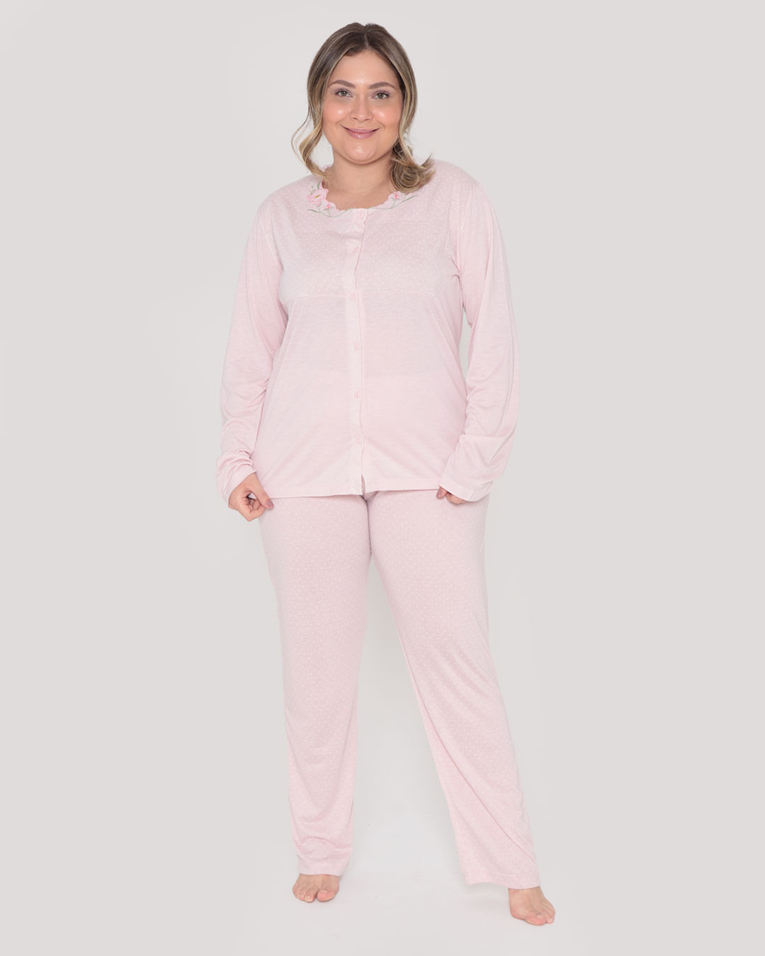 Pijama-Feminino-Plus-Size-Longo-Poa-Rosa-Claro