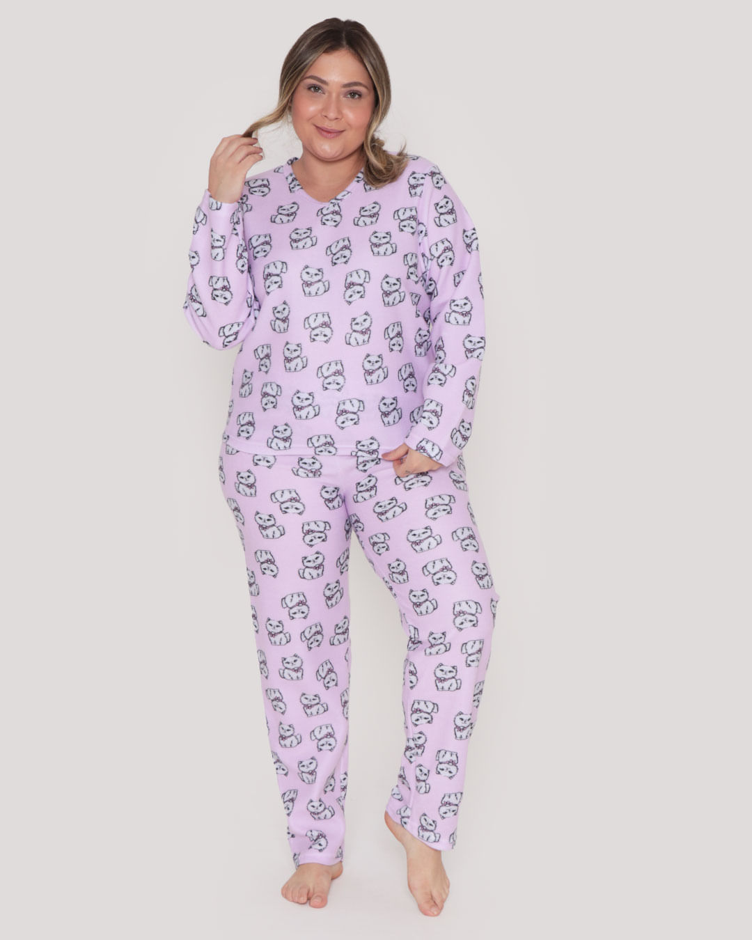 Pijama-Feminino-Plus-Size-Longo-Soft-Gatos-Lilas-Claro