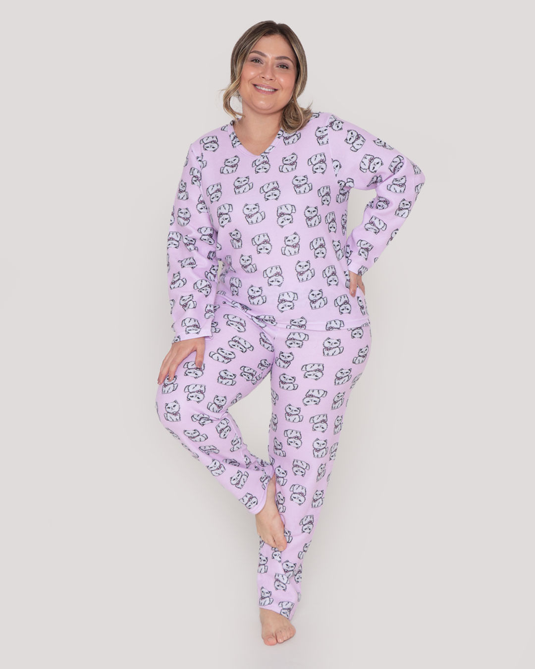 Pijama-Feminino-Plus-Size-Longo-Soft-Gatos-Lilas-Claro