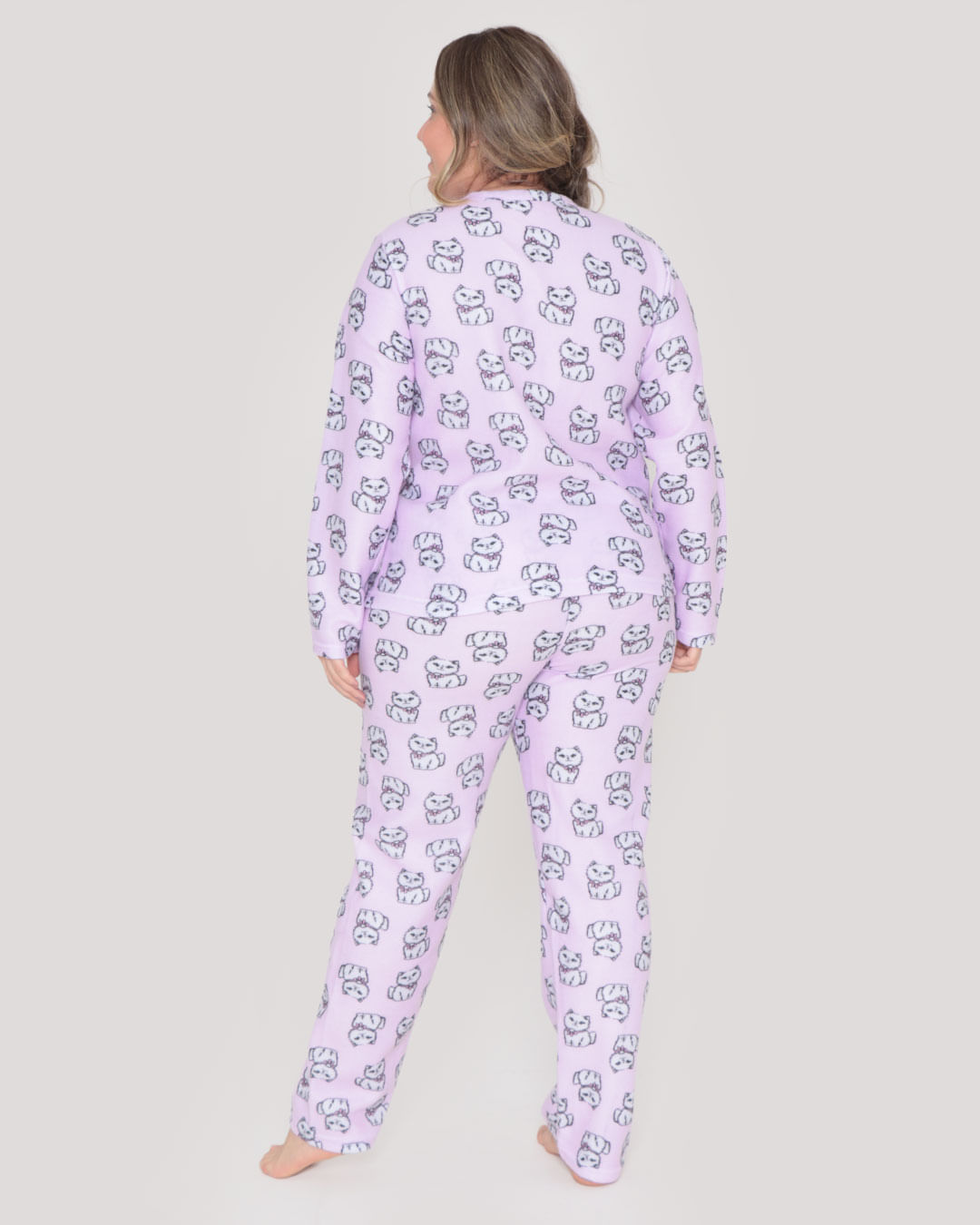 Pijama-Feminino-Plus-Size-Longo-Soft-Gatos-Lilas-Claro