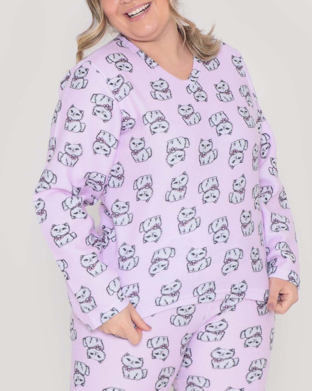 Pijama-Feminino-Plus-Size-Longo-Soft-Gatos-Lilas-Claro