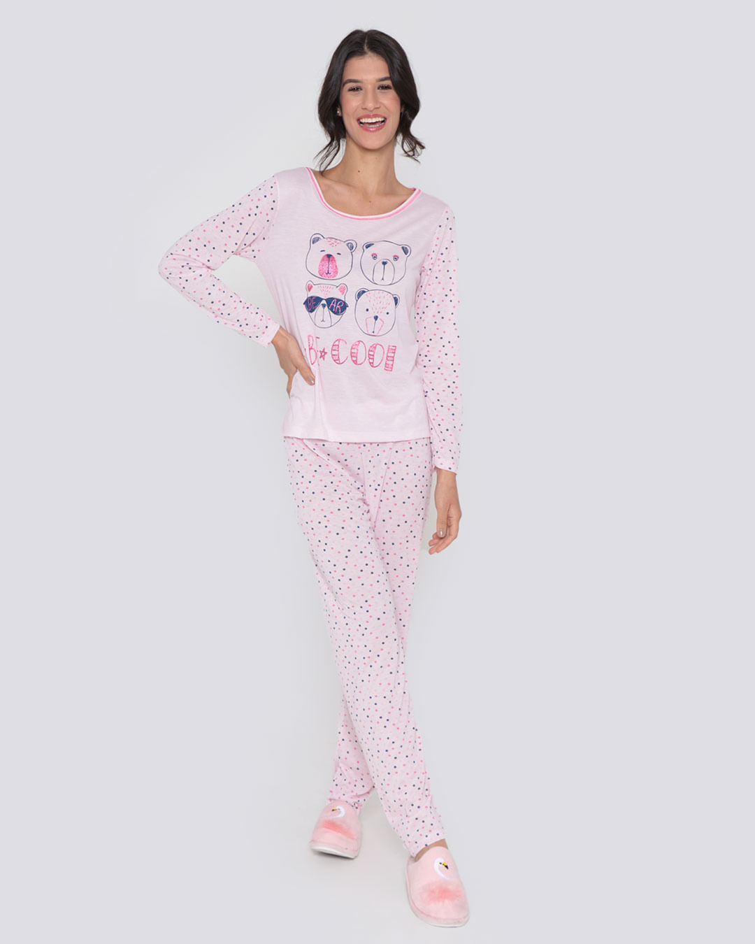Pijama-Feminino-Longo-Estampa-Ursinhos-Rosa-Claro