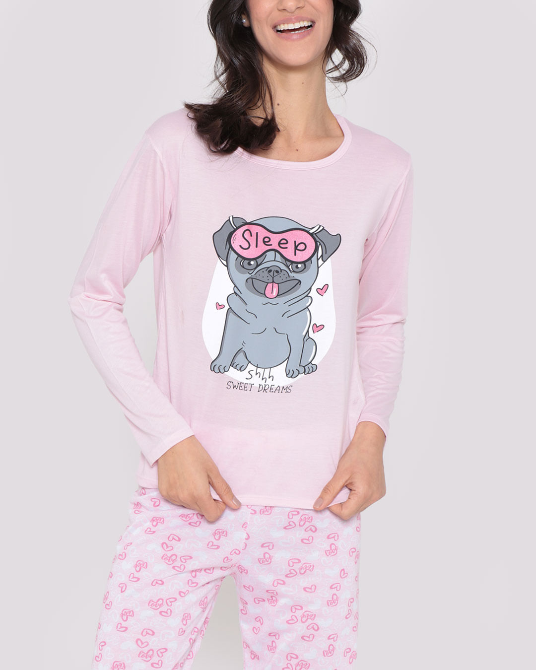 Pijama-Feminino-Longo-Estampa-Cachorro-Rosa-
