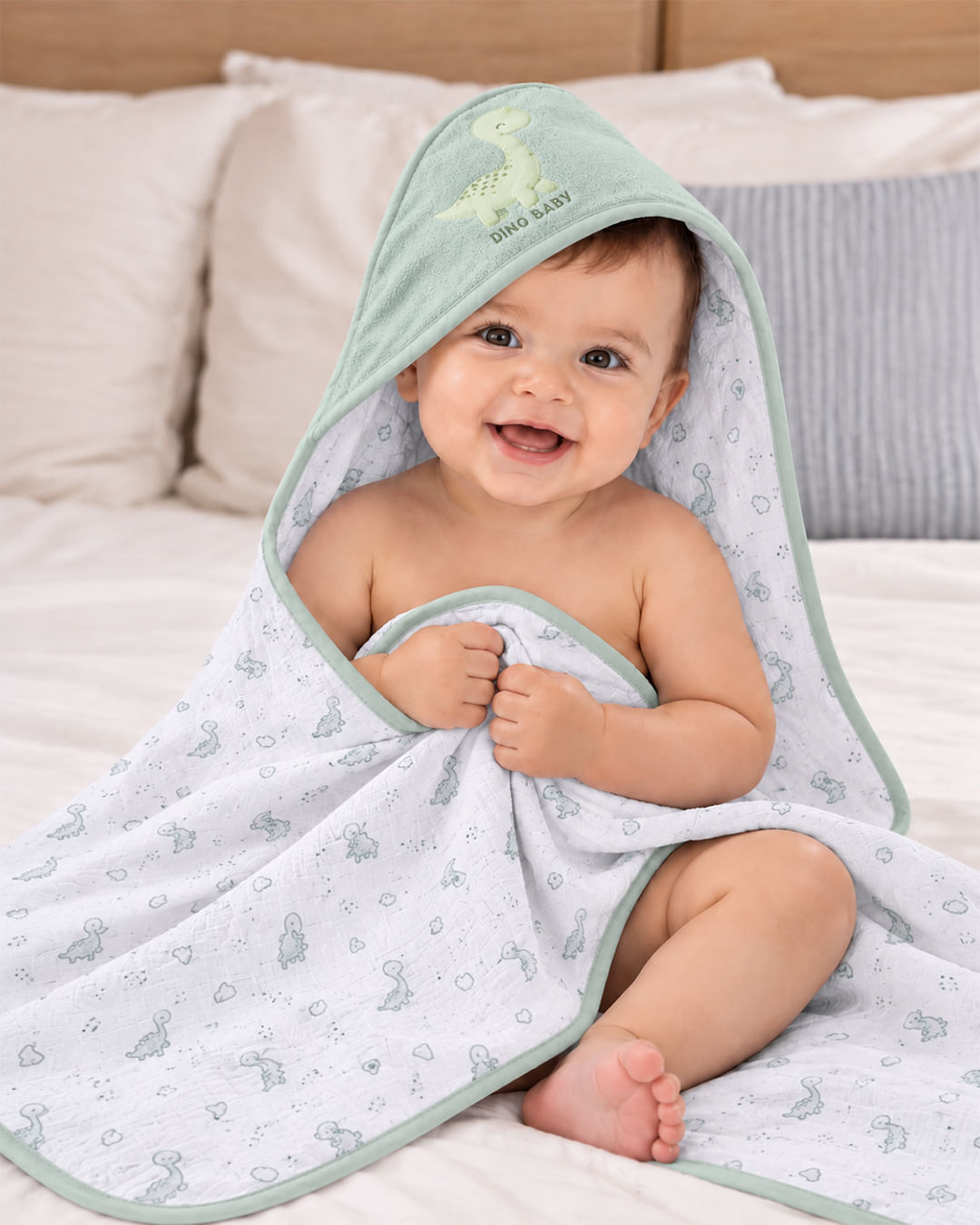 Toalha de Banho Infantil Plush com Capuz Estampa Dino Verde