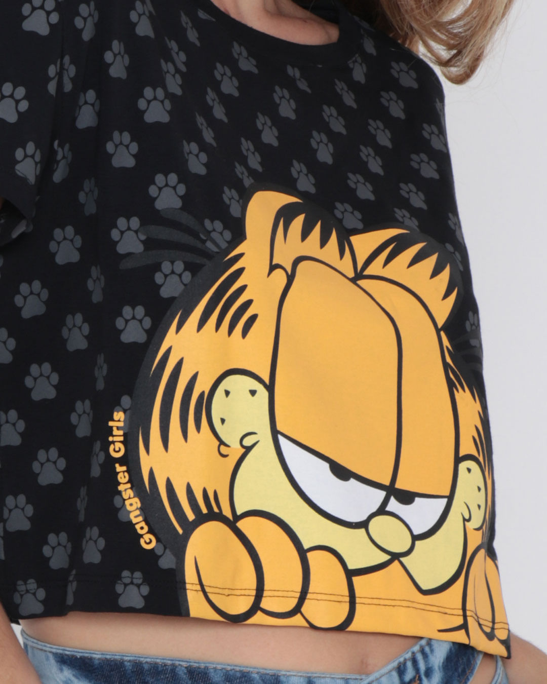 Camiseta-Feminina-Cropped-Garfield-Gangster-Preto