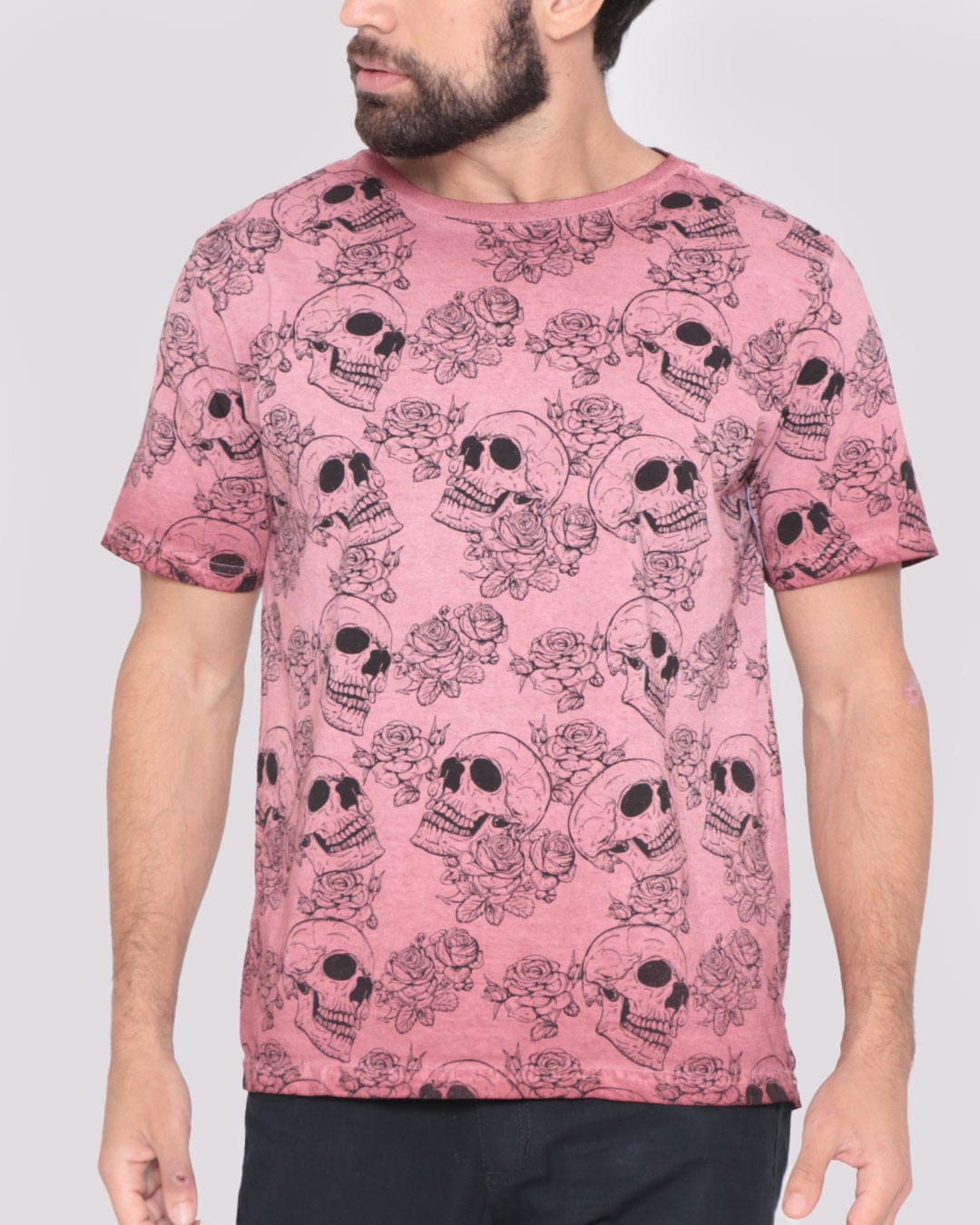Camiseta-Masculina-Estonada-estampa-Caveira-Rosa