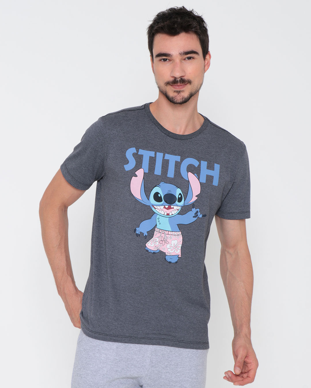Camiseta-Masculina-Disney-Stitch-Cinza-Escuro