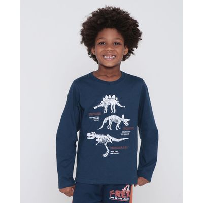Camiseta-Infantil-Manga-Longa-Estampa-Dinossauro-Azul-Marinho-