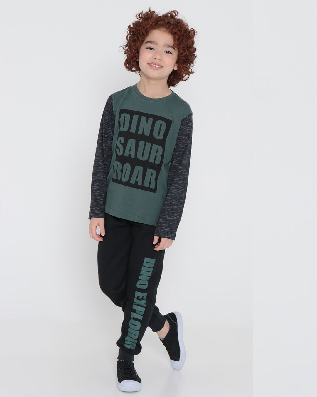 Camiseta-Infantil-Manga-Longa-Dinossauro-Verde-Escuro