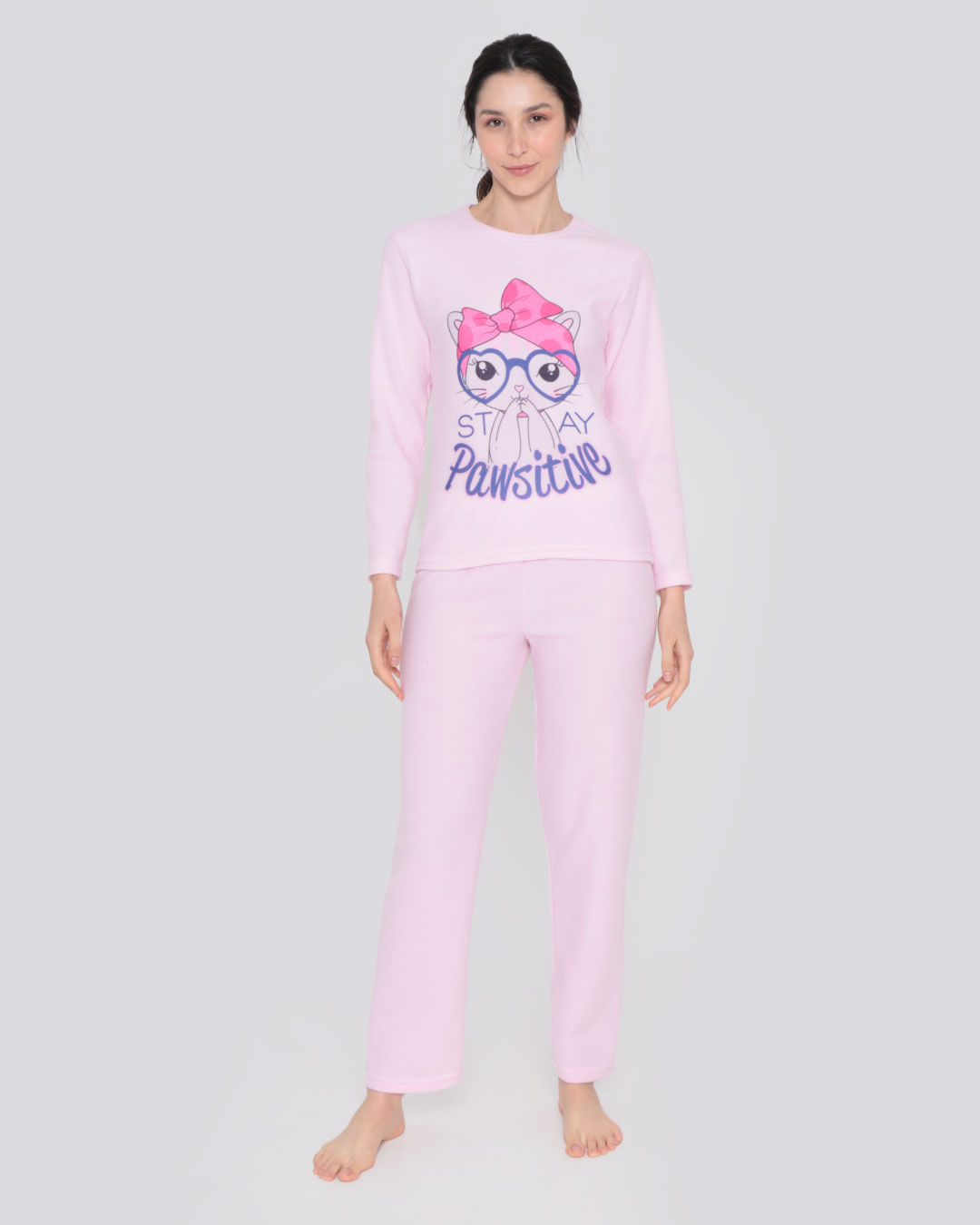 Pijama-Feminino-Soft-Longo-Estampa-Gatinho-Rosa--Claro