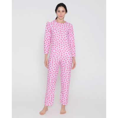Pijama-Feminino-Soft-Longo-Estampa-Coracao-Rosa