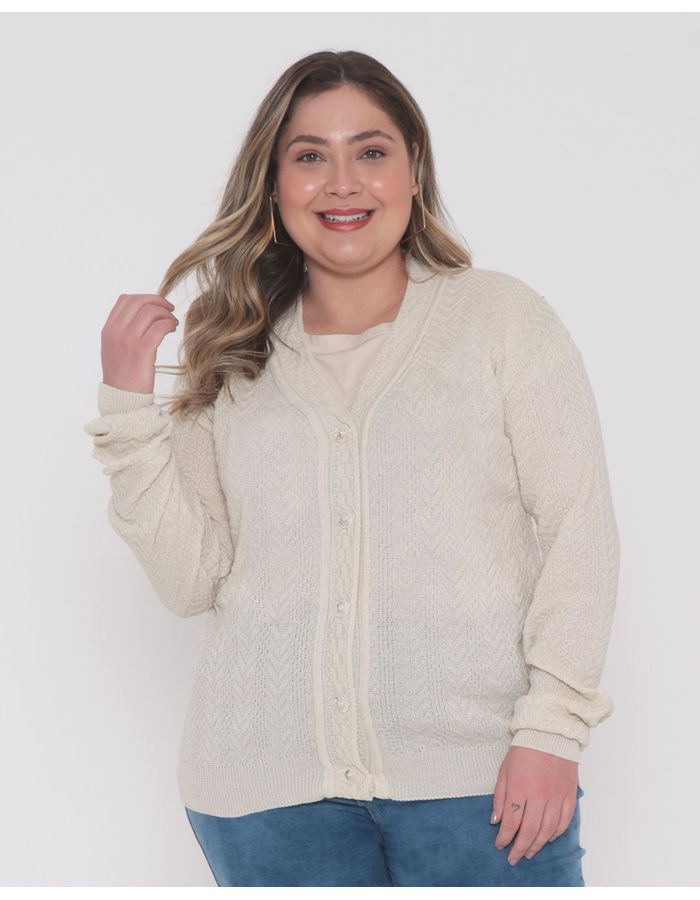 Cardigan-Feminino-Plus-Size-Trico-Bege-Claro