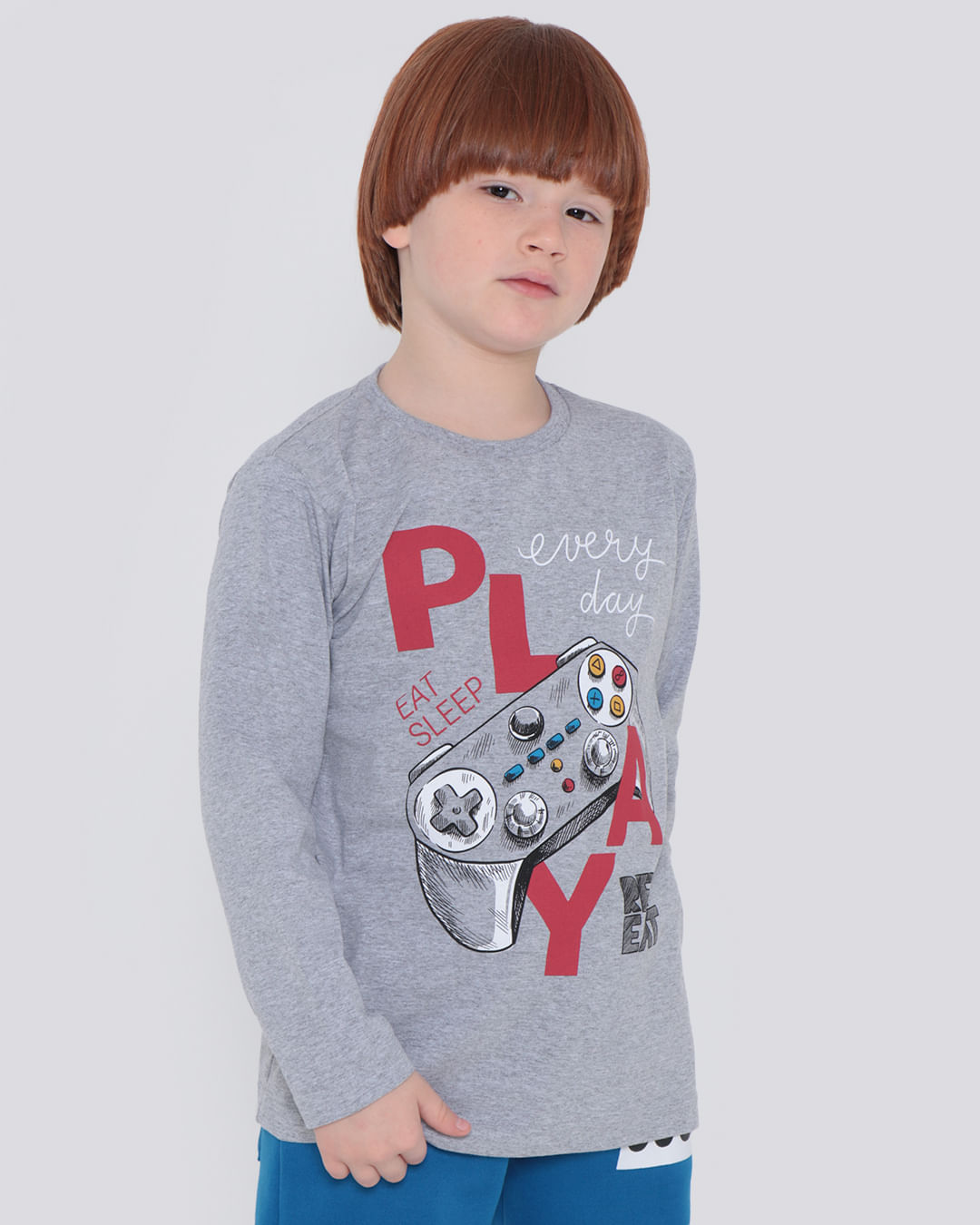 Camiseta-Infantil-Manga-Longa-Player-Cinza