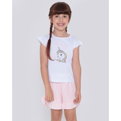 Pijama-Infantil-Curto-Babados-Glitter-Unicornio-Branco