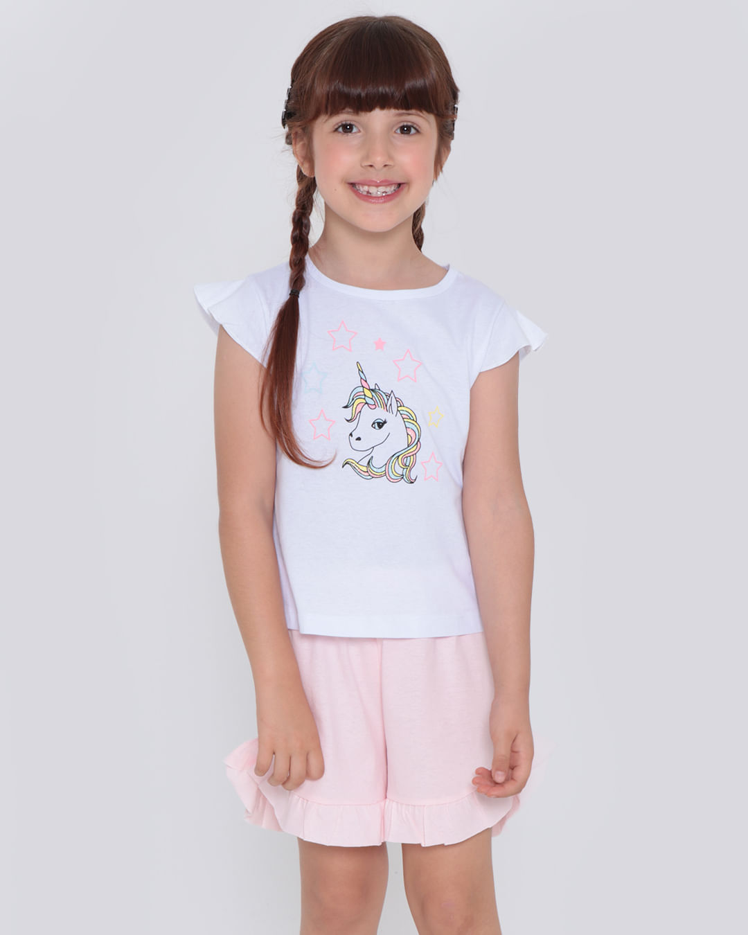 Pijama-Infantil-Curto-Babados-Glitter-Unicornio-Branco