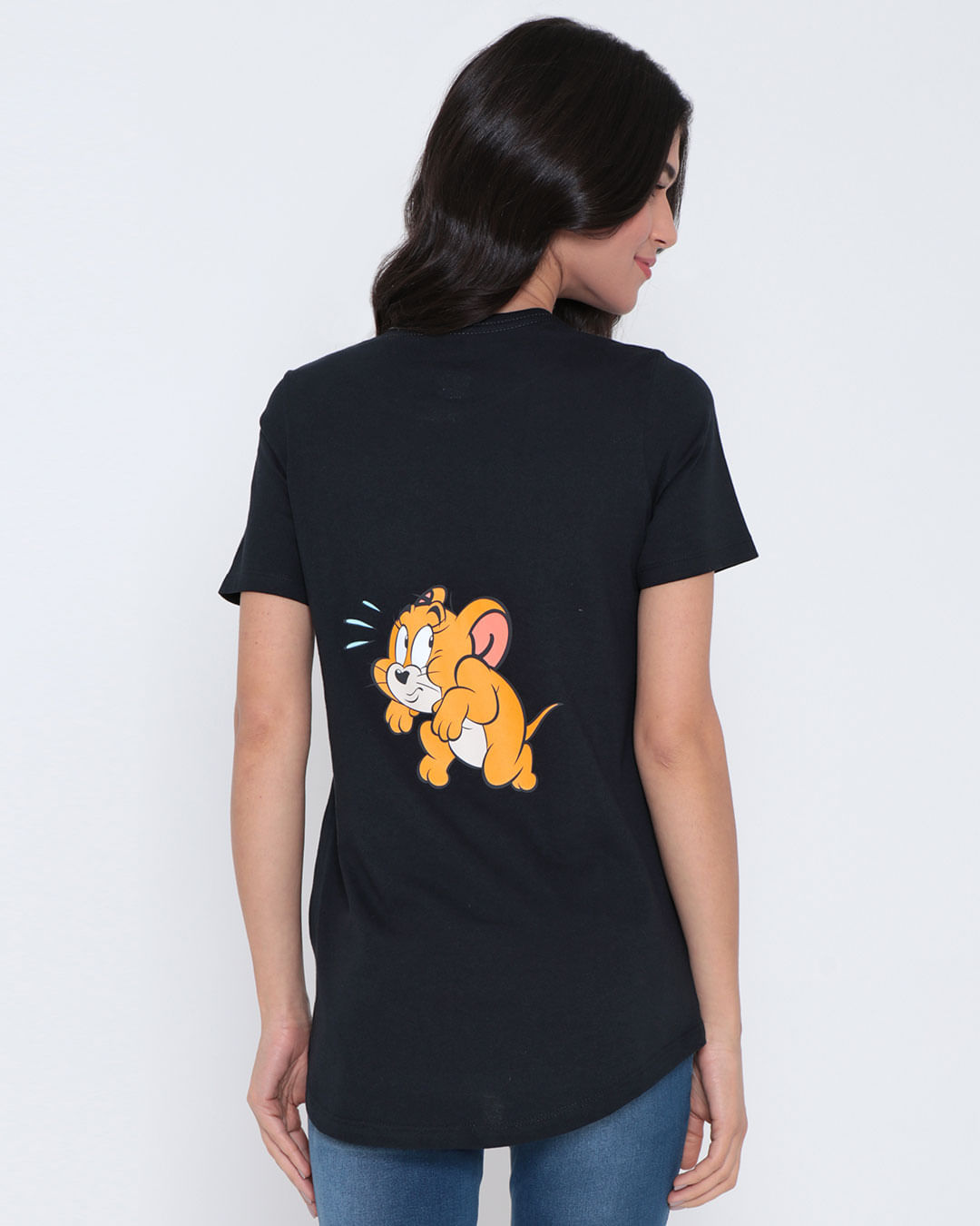 Camiseta-Feminina-Long-Line-Tom-e-Jerry-Warner-Preta