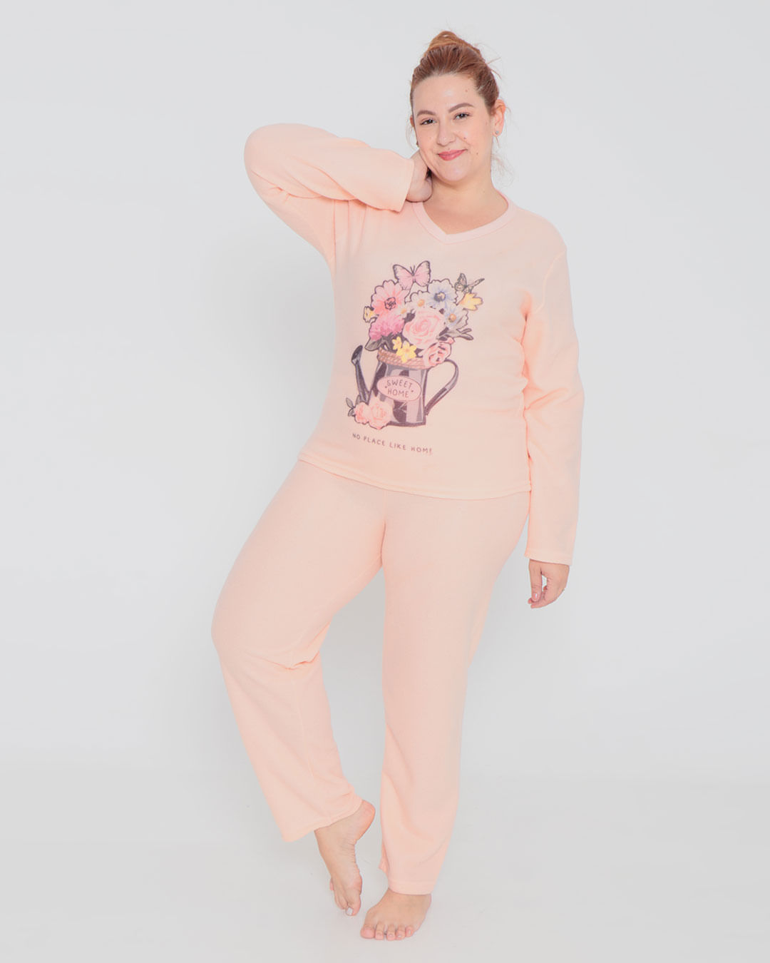 Pijama-Feminino-Plus-Size-Soft-Longo-Floral-Laranja