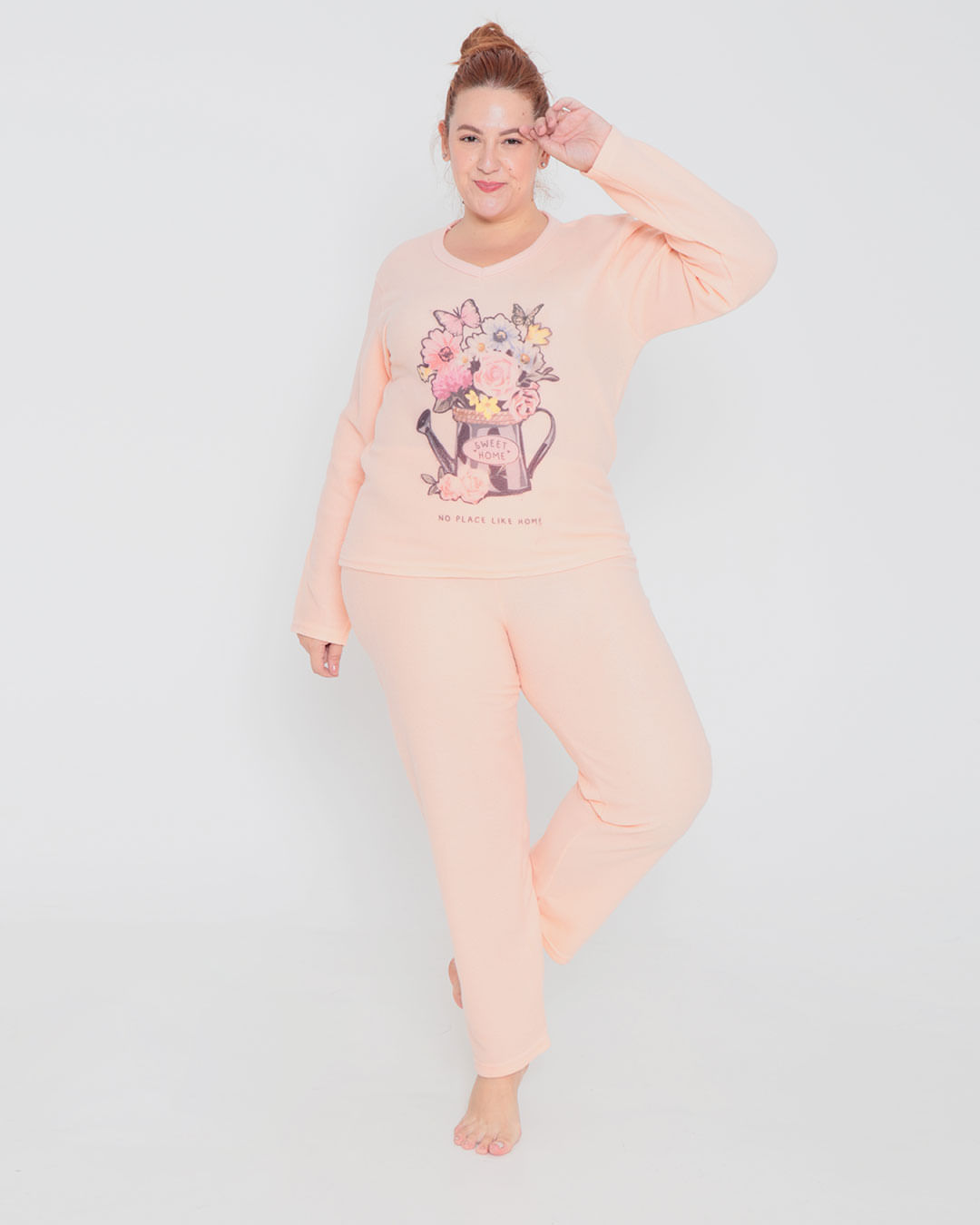 Pijama-Feminino-Plus-Size-Soft-Longo-Floral-Laranja