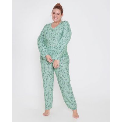 Pijama-Soft-Feminino-Plus-Size-Longo-Floral-Verde-Claro