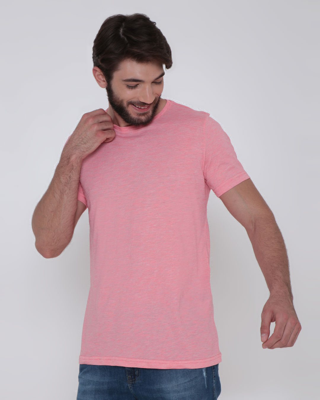 Camiseta-Masculina-Basica-Mesclada-Neon-Rosa-Claro