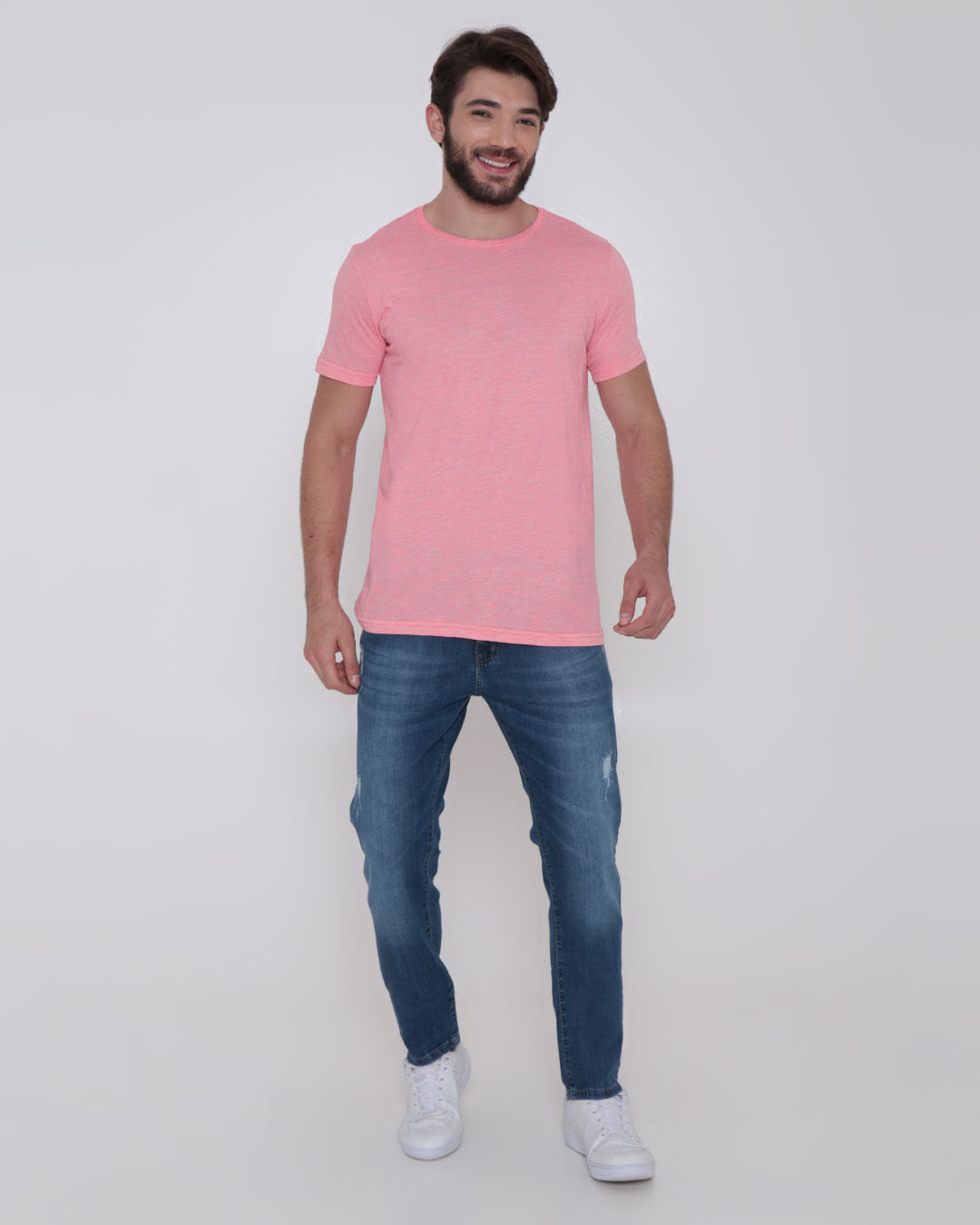 Camiseta-Masculina-Basica-Mesclada-Neon-Rosa-Claro