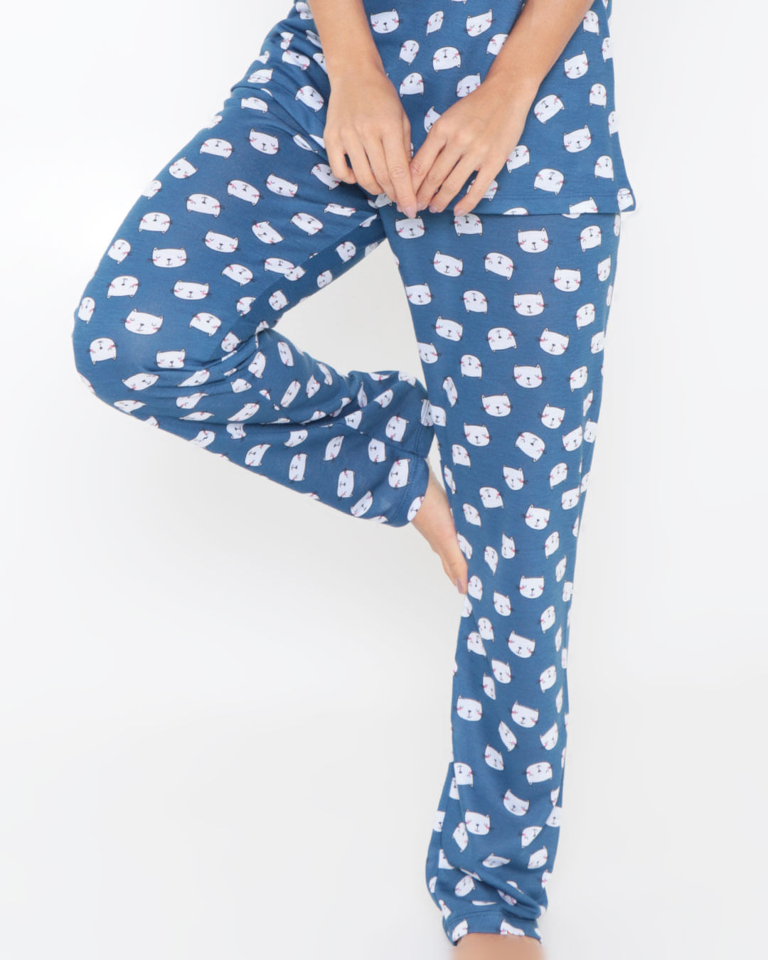 Pijama-Feminino-Com-Calca-Estampa-Gatinho-Azul