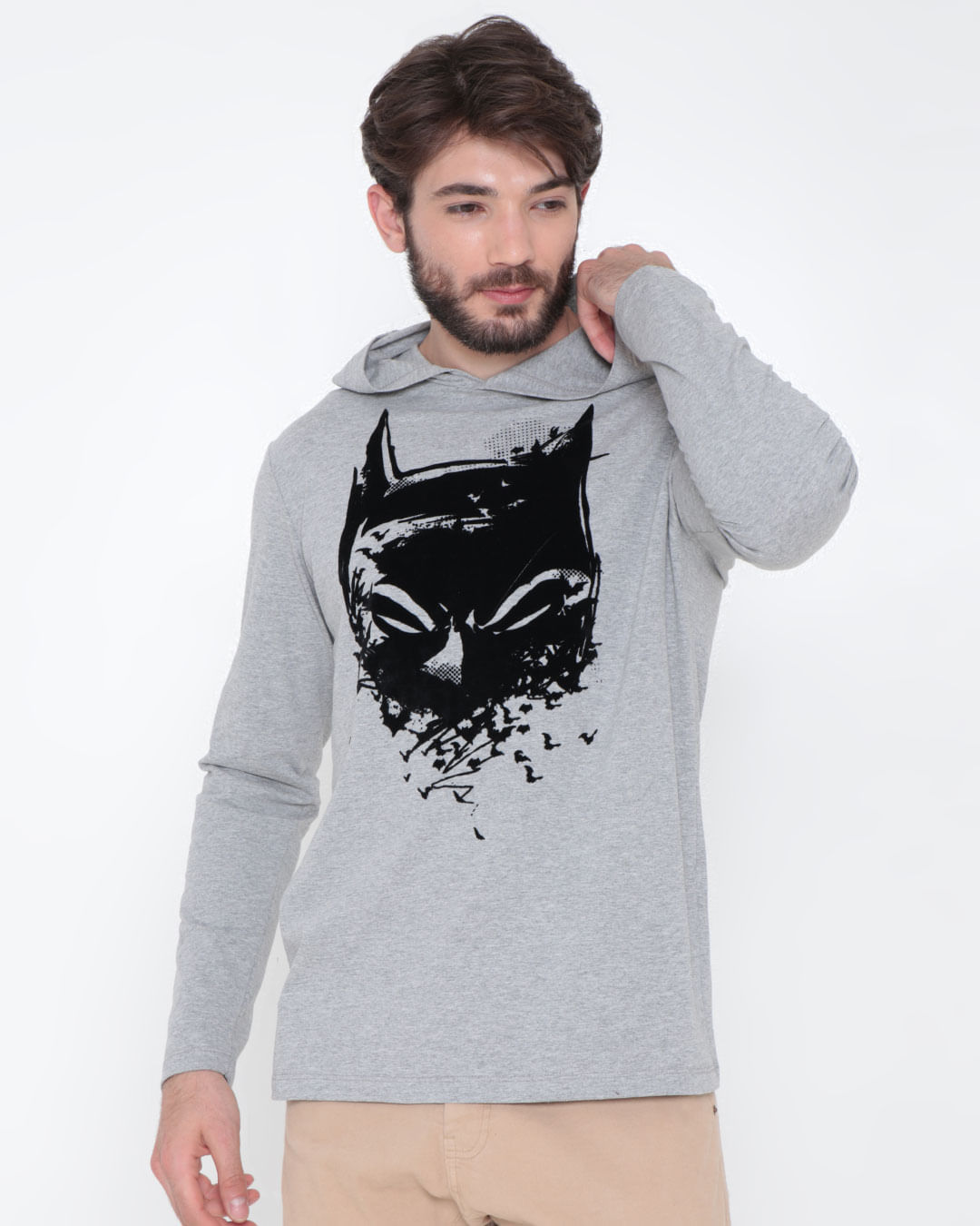Camiseta-Masculina-Estampa-Flock-Liga-da-Justica-Batman-Cinza