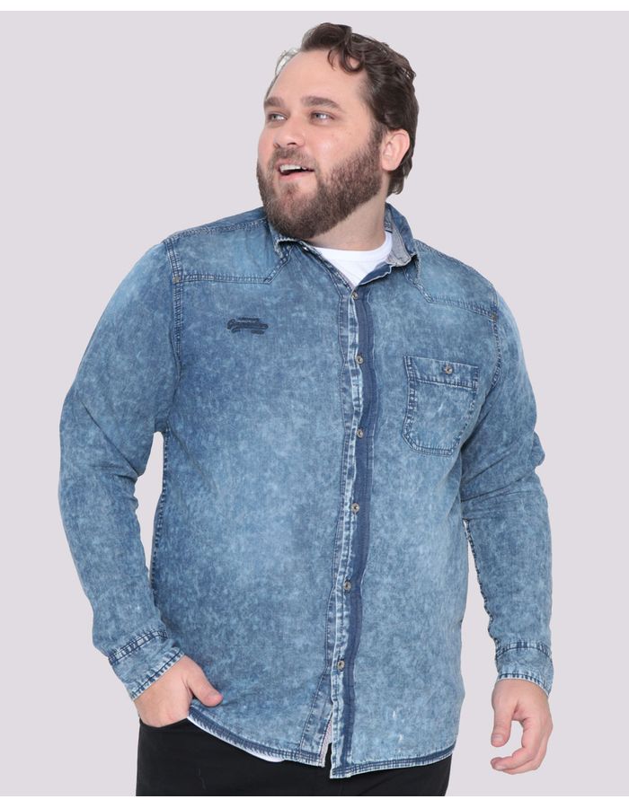 Camisa-Jeans-Plus-Size-Masculina-Estonada-Gangster-Azul