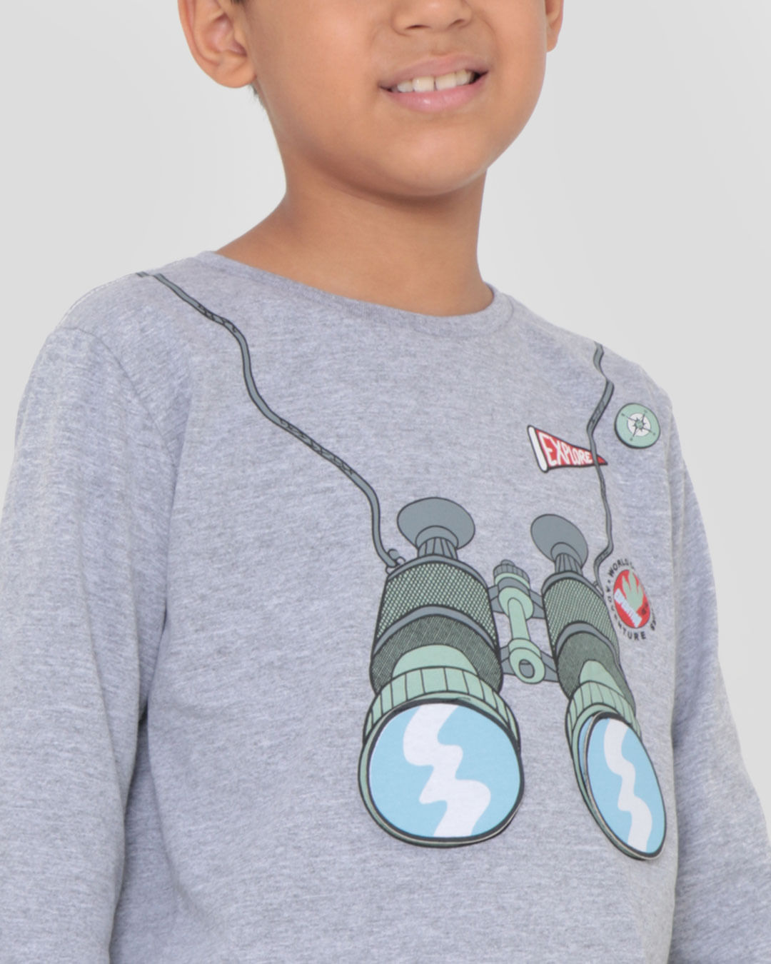 Camiseta-Infantil-Manga-Curta-Binoculos-Dino-Cinza-Claro