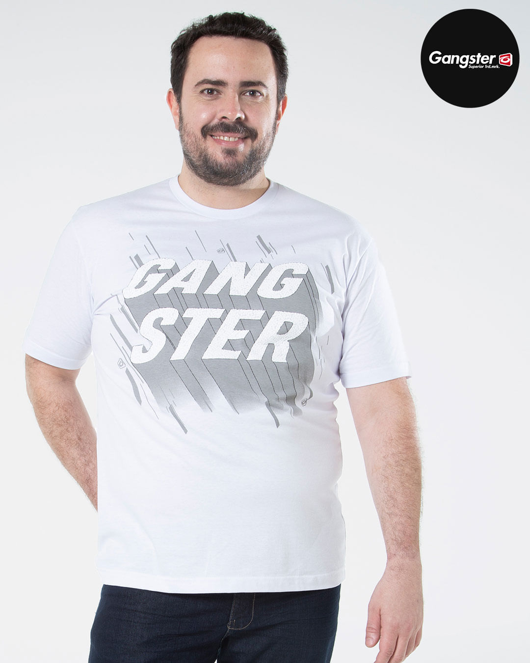 Camiseta-Masculina-Plus-Size-Estampada-Gangster-Branca