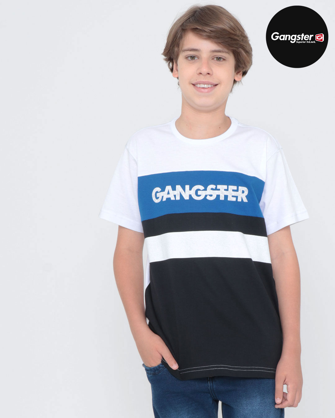 Camiseta-Juvenil-Listrada-Gangster-Branca