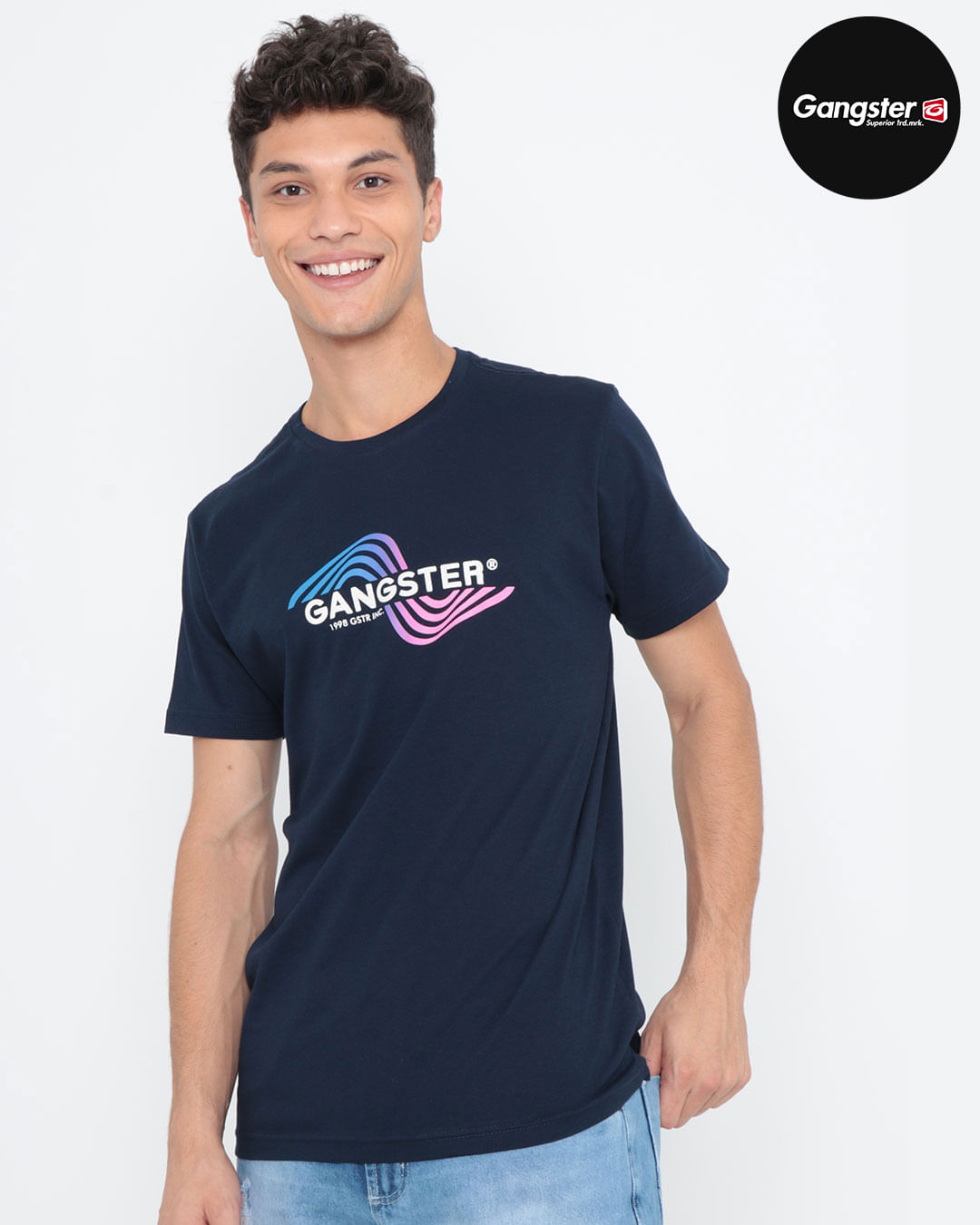 Camiseta-Manga-Curta-Estampa-Frontal-Azul-Marinho