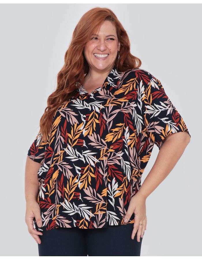 Camisa-Feminina-Plus-Size-Estampa-Folhagem-Azul-Marinho