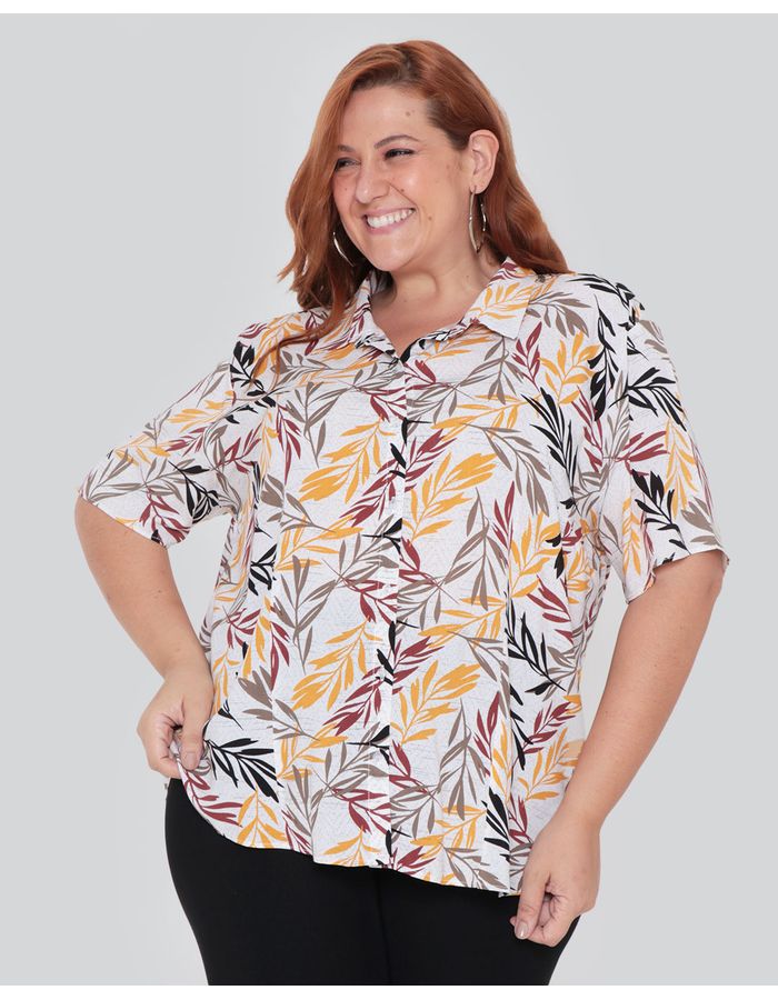 Camisa-Feminina-Plus-Size-Estampa-Folhagem-Off-White