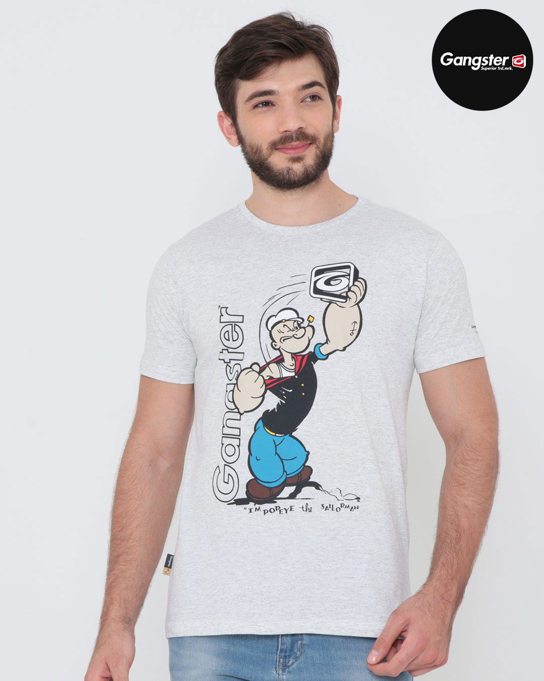 Camiseta-Masculina-Popeye-Gangster-Mescla-Cinza-Claro