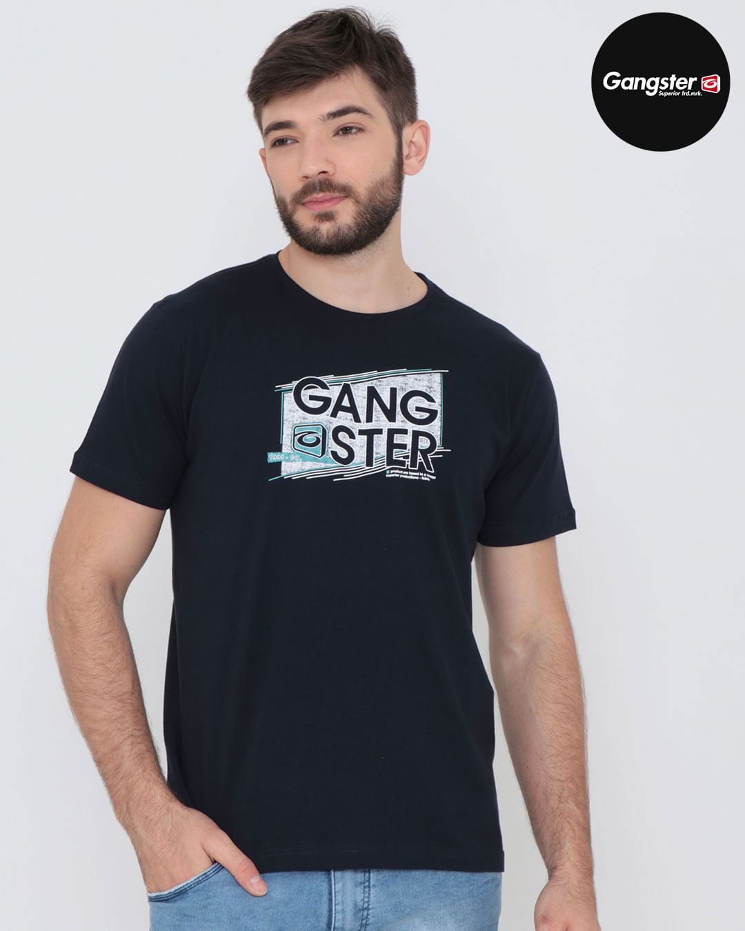Camiseta-Manga-Curta-Estampa-Gangster-Azul-Marinho-