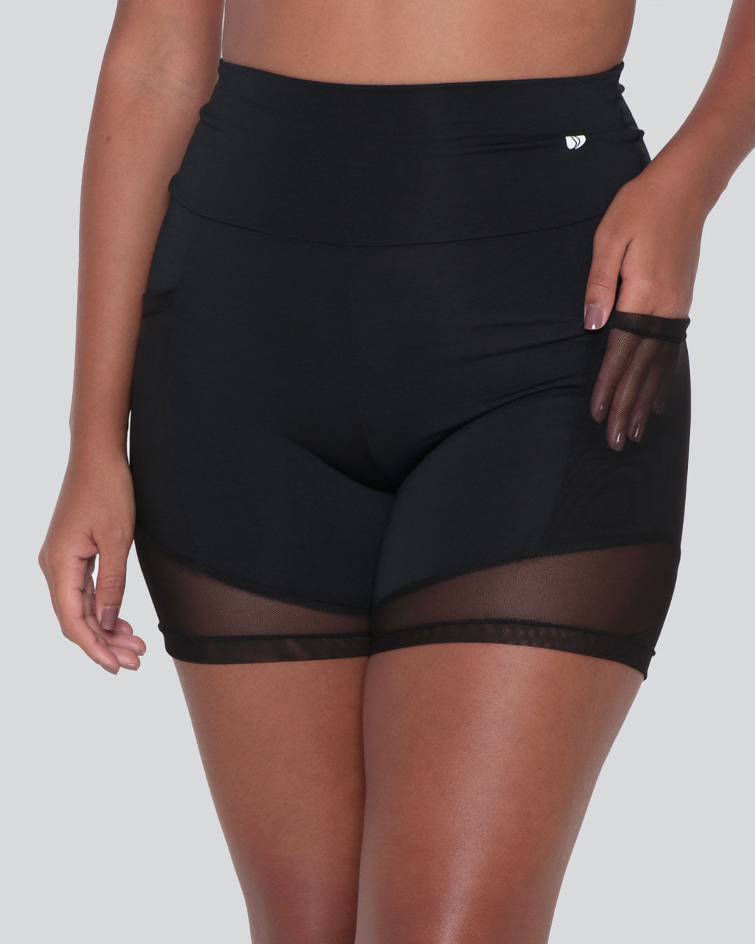 Bermuda-Feminina-Fitness-Recortes-Tule-Preta