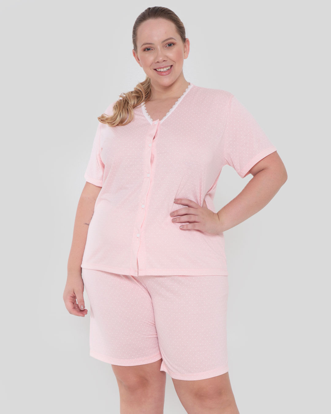 Pijama-Plus-Size-Feminino-Manga-Curta-Poa-Rosa-Claro