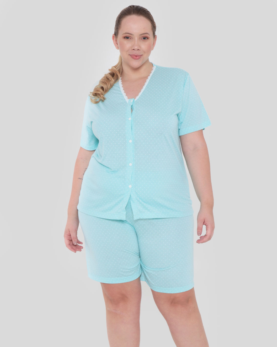 Pijama-Plus-Size-Feminino-Manga-Curta-Poa-Verde-Claro