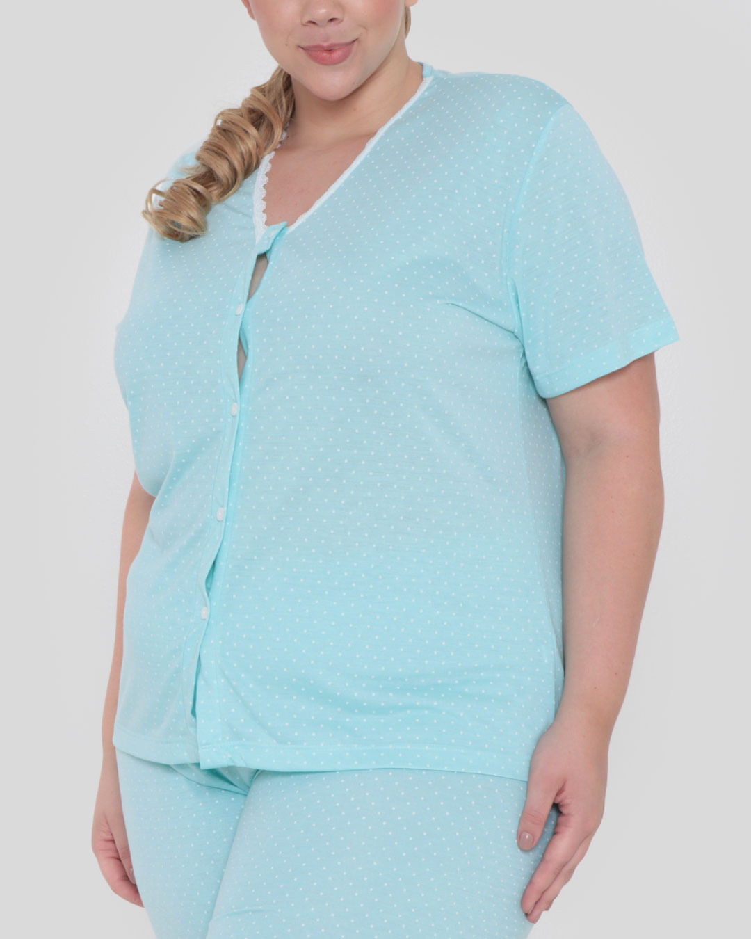 Pijama-Plus-Size-Feminino-Manga-Curta-Poa-Verde-Claro