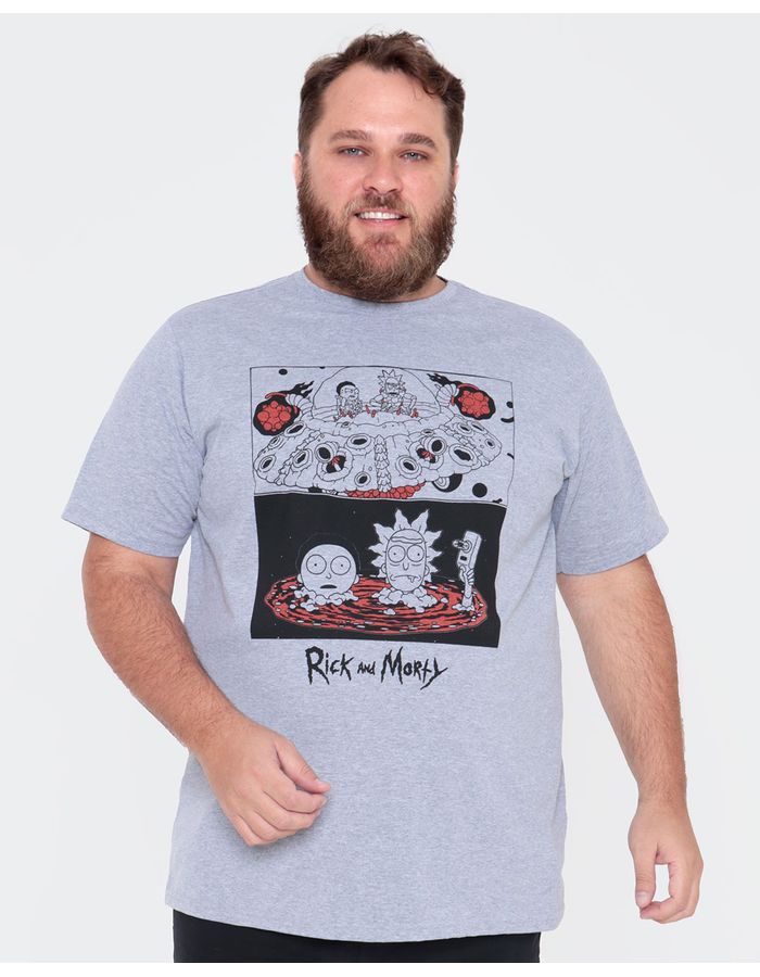 Camiseta-Masculina-Plus-Size-Rick-And-Morty-Cinza