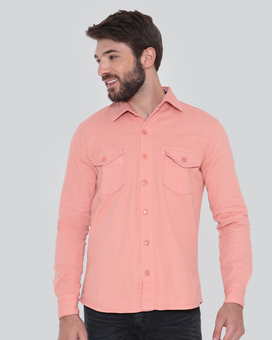 Camisa-Jeans-Masculina-Manga-Longa-Laranja-Claro