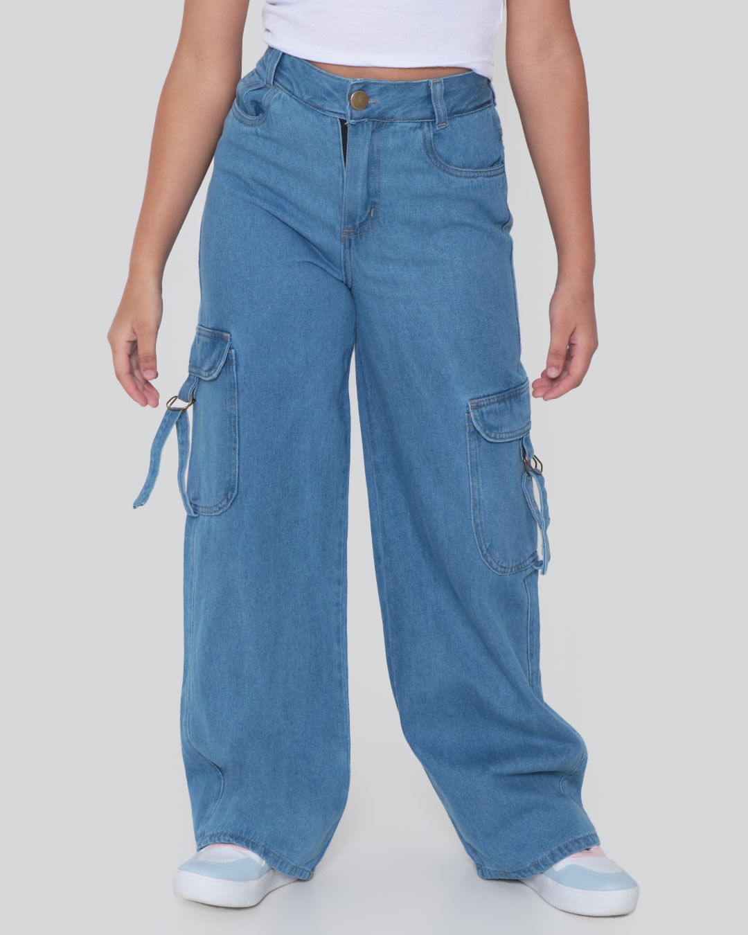 Calça Jeans Juvenil Wide Leg Bolso Cargo Azul Claro