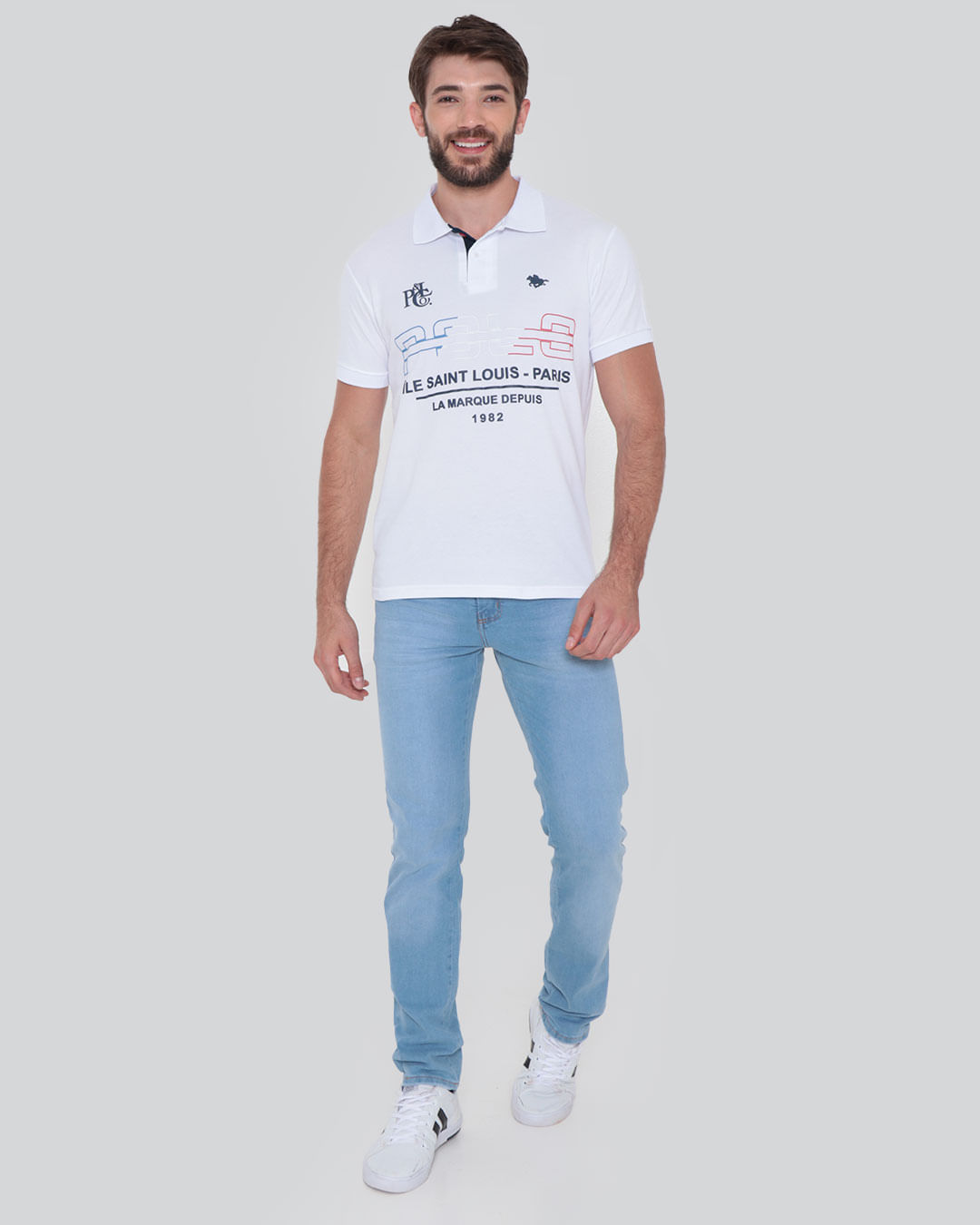 Polo-Masculina-Estampa-Frontal-Branca